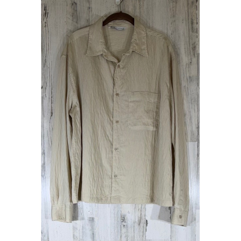 Zara Button Up Shirt Large Beige Pinstripe Modal Blend Neutral Minimalist